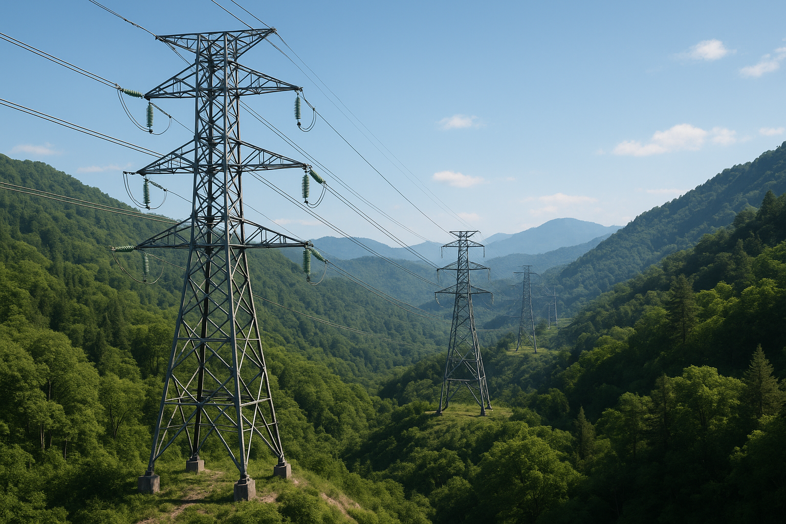 山間部の緑豊かな谷間を貫いて建てられた高圧送電鉄塔と送電線が、遠くの山々まで連なっている様子