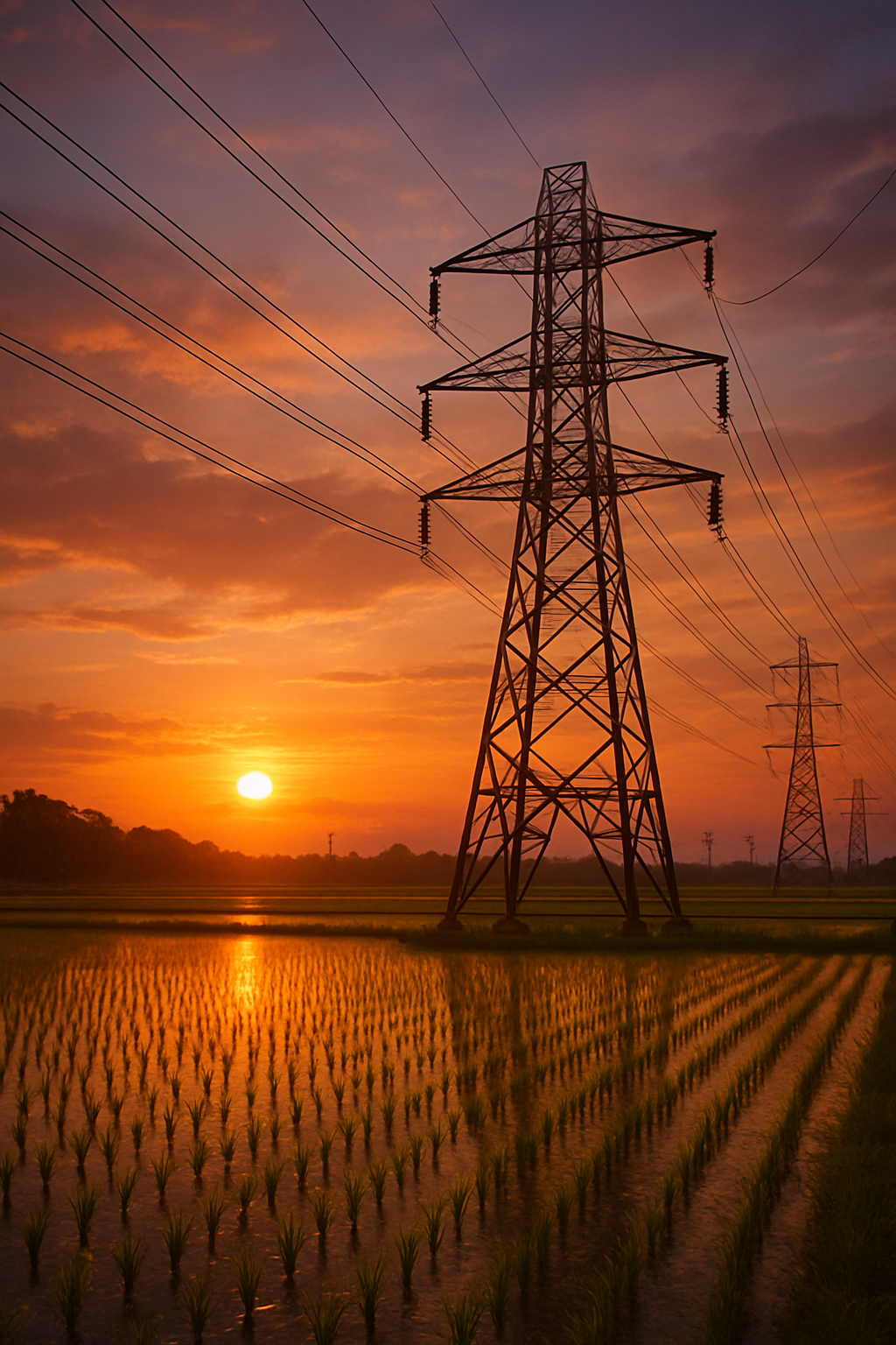田んぼに立つ送電鉄塔と夕焼け空