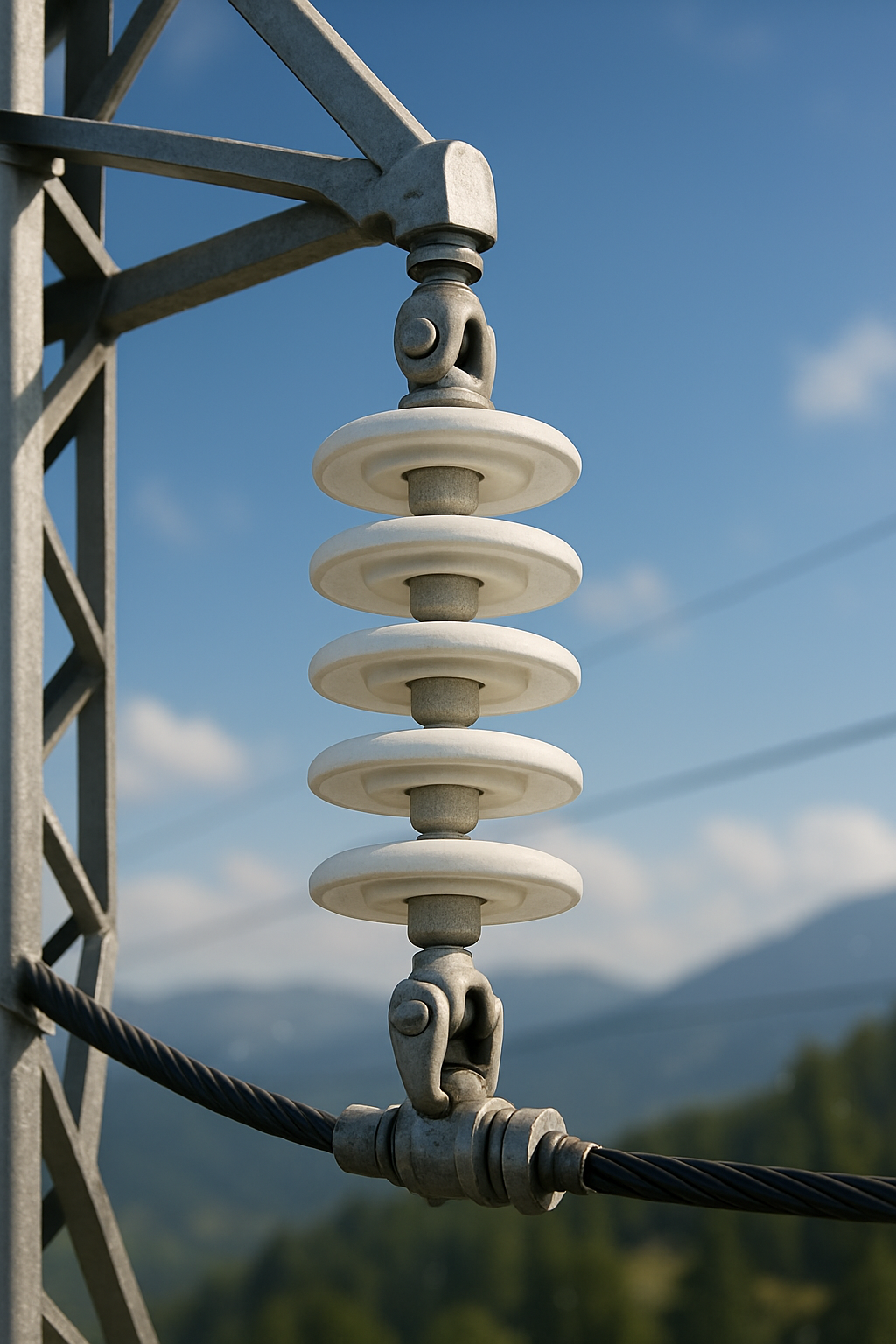 送電鉄塔の碍子（がいし）のクローズアップ写真